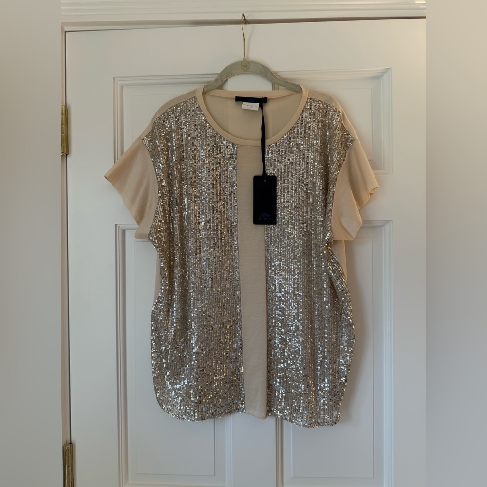 Blue Les Copains Beige Champagne Sequin Short Sleeve Blouse NWT Size 50